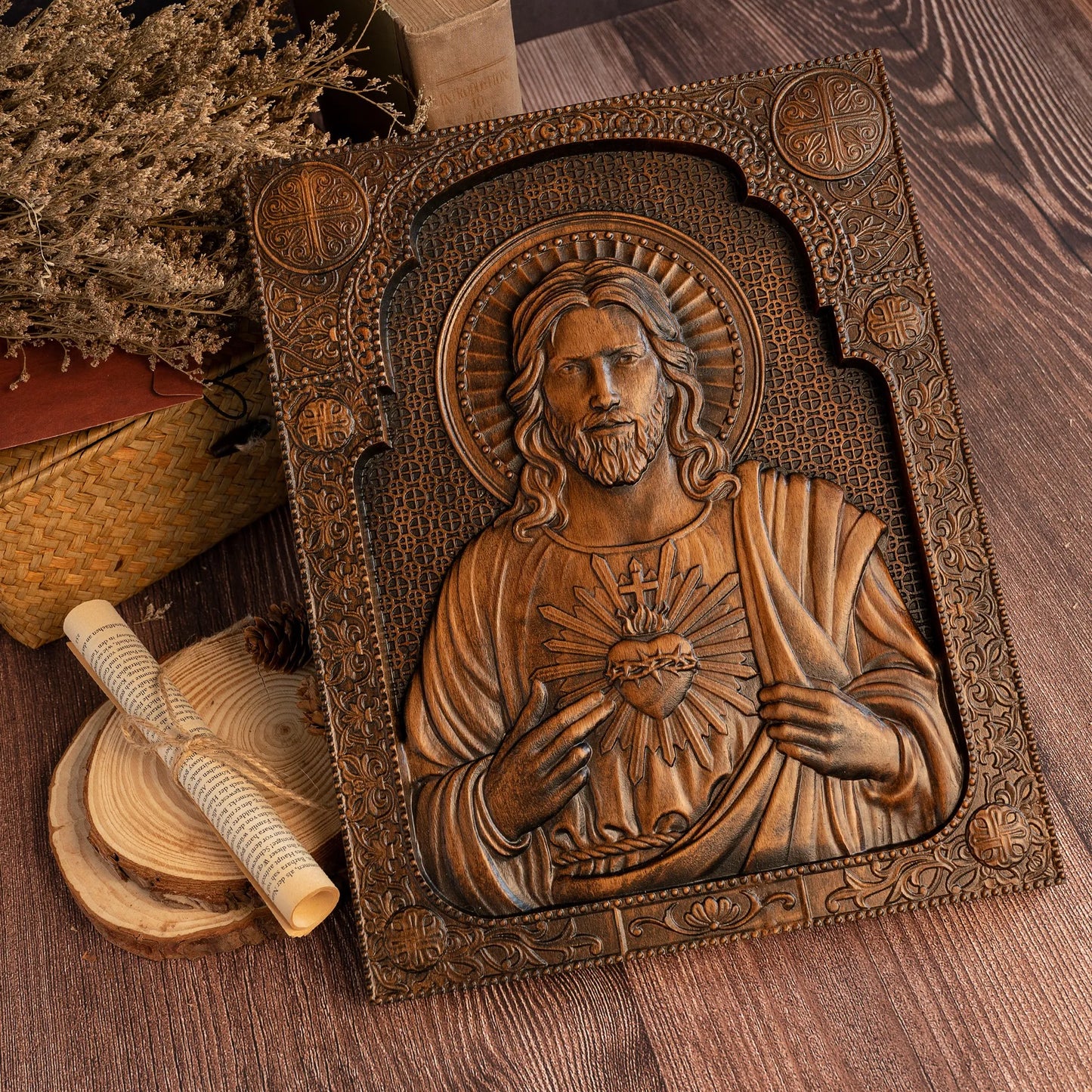 Sacred Heart of Jesus Catholic Jesus Statue Religious Wooden Plaque Wall Hanging Church Room Home and Decoration Christmas Gift