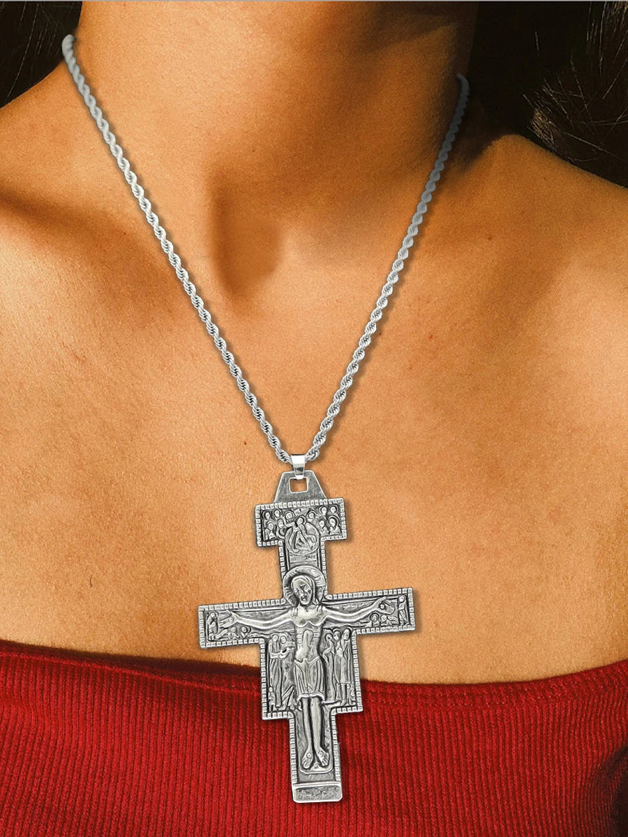 Retro Saint St Francis of Assisi Tau San Damiano Cross Necklace Catholic Crucifix Tribal Bridal Gift Punk Rock Celebrity