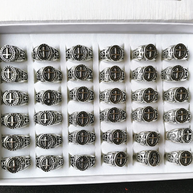 20PCS Saint Jesus Cross Ring For Female Male Size Bible Zinc Alloy Church Vicar Priest God Christian Blessing Black Metal Amulet