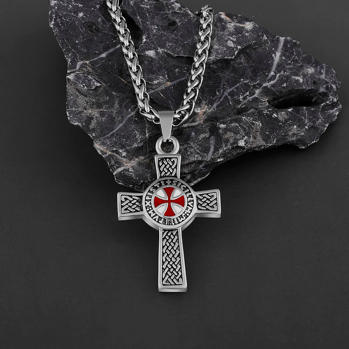 316L Stainless Steel Cross Shield Drop Red and White Rubber Men's Pendant Necklace Retro Cross Fashion Jewelry Wholesale