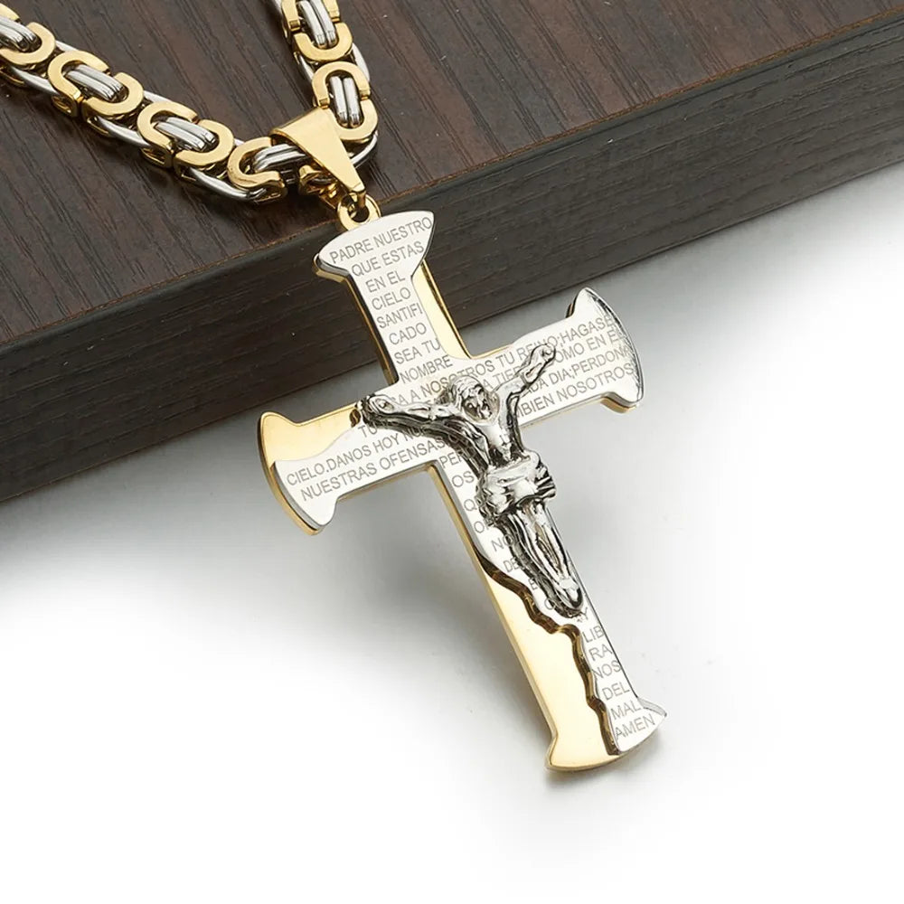 Jesus Crucifixion Cross Pendant Necklace For Men Women Gold Silver Black Color Stainless Steel Byzanine Chain