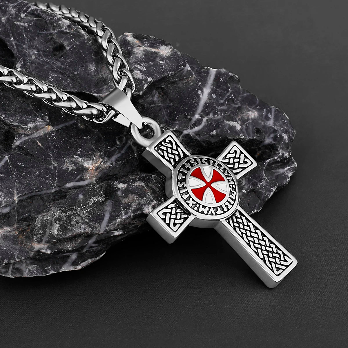 316L Stainless Steel Cross Shield Drop Red and White Rubber Men's Pendant Necklace Retro Cross Fashion Jewelry Wholesale