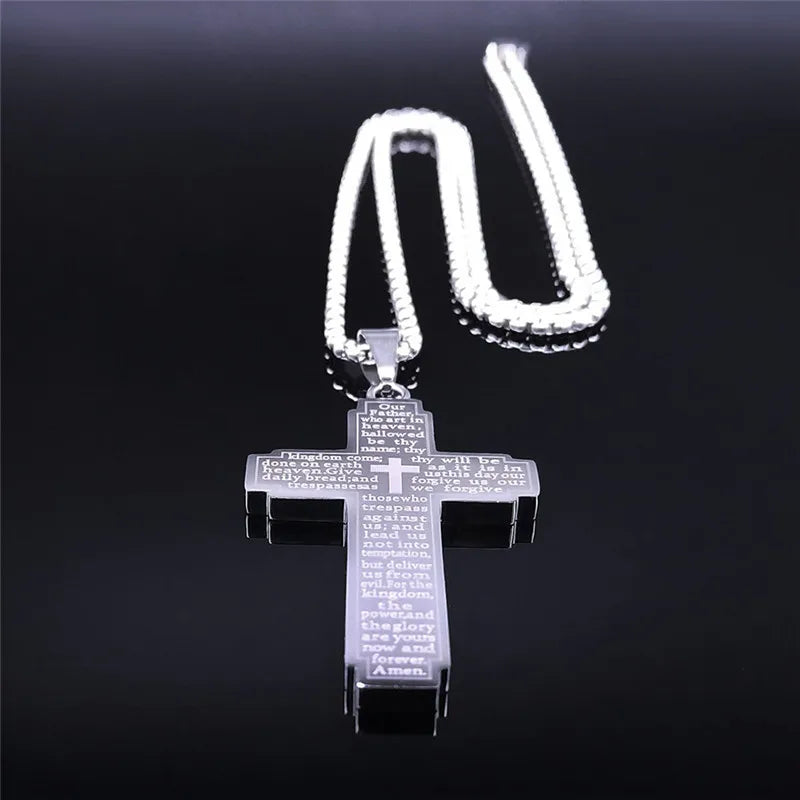 Christian Bible Cross Chain Necklace Stainless Steel Pendant Necklace for Men Religious Prayer Jesus Jewelry corrente masculina