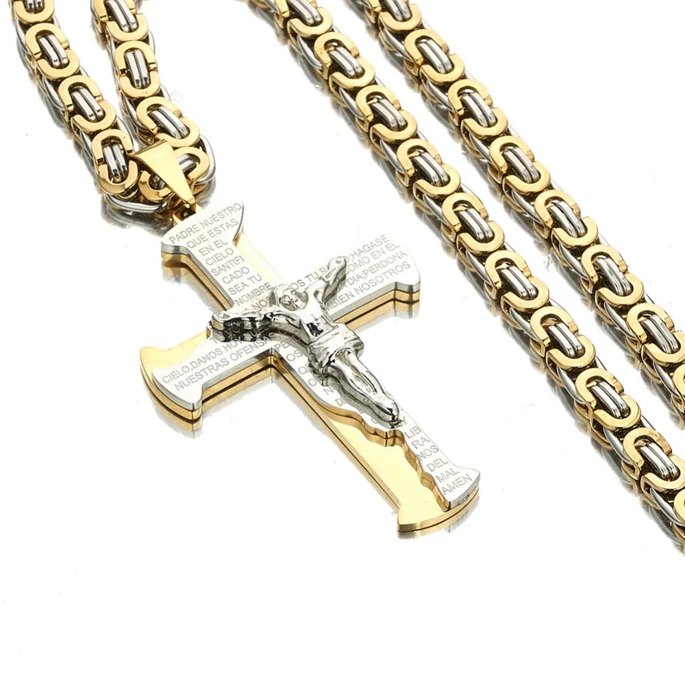 Jesus Crucifixion Cross Pendant Necklace For Men Women Gold Silver Black Color Stainless Steel Byzanine Chain