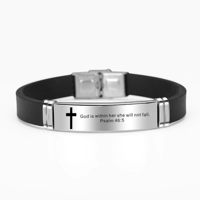 Religion Cross Bible Verse Bracelet Bangle Christian Inspiring Faith Stainless Steel Bracelets Silicone Wristband For Men Women