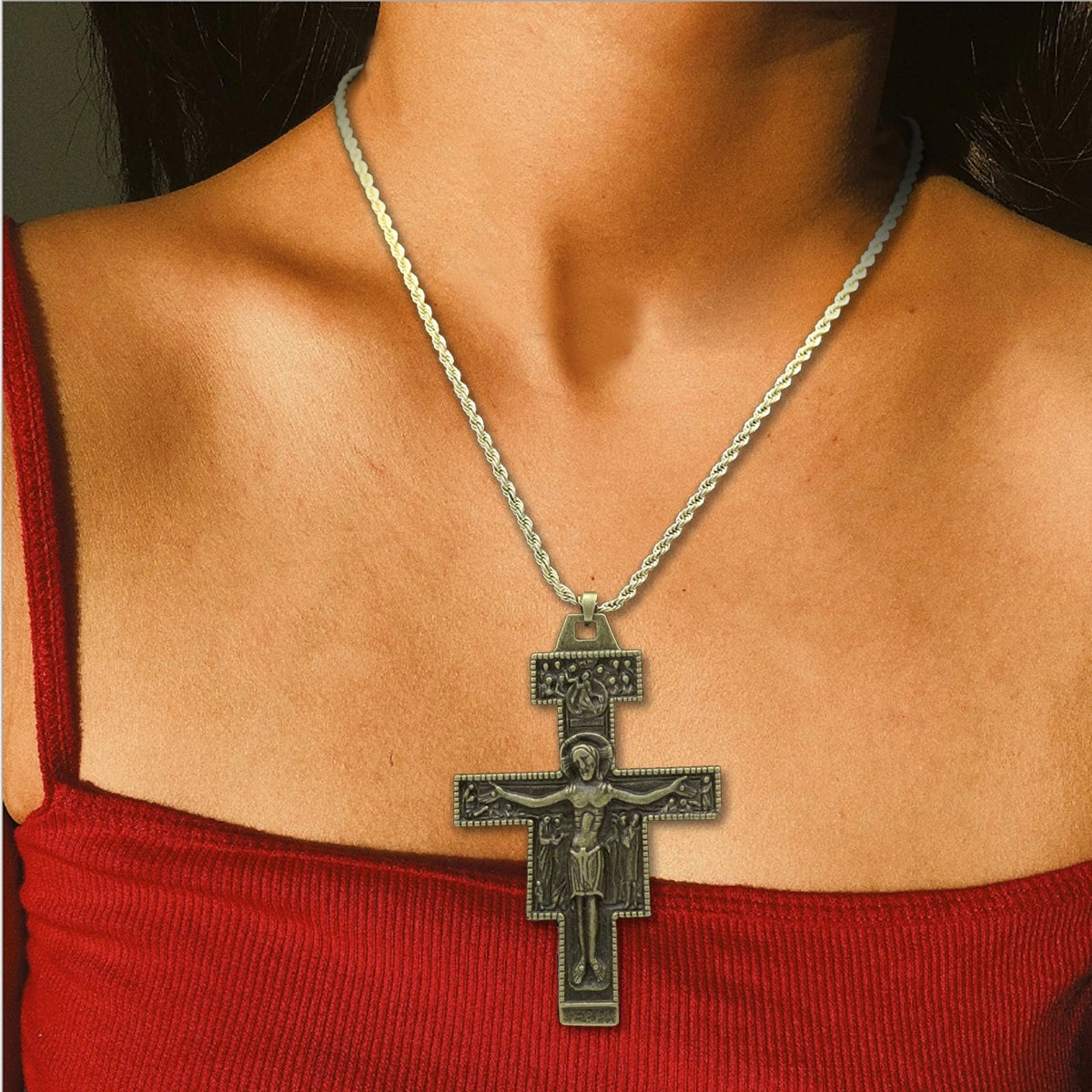 Retro Saint St Francis of Assisi Tau San Damiano Cross Necklace Catholic Crucifix Tribal Bridal Gift Punk Rock Celebrity