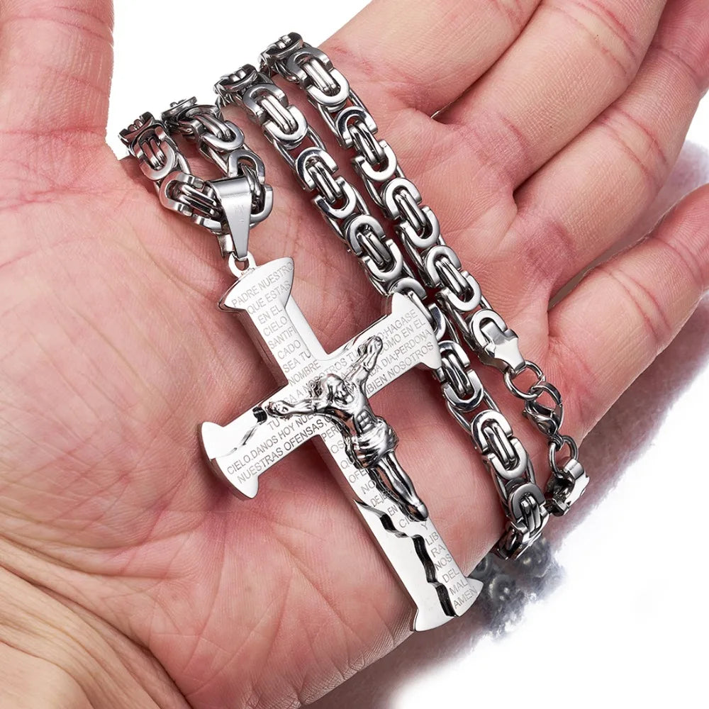 Jesus Crucifixion Cross Pendant Necklace For Men Women Gold Silver Black Color Stainless Steel Byzanine Chain