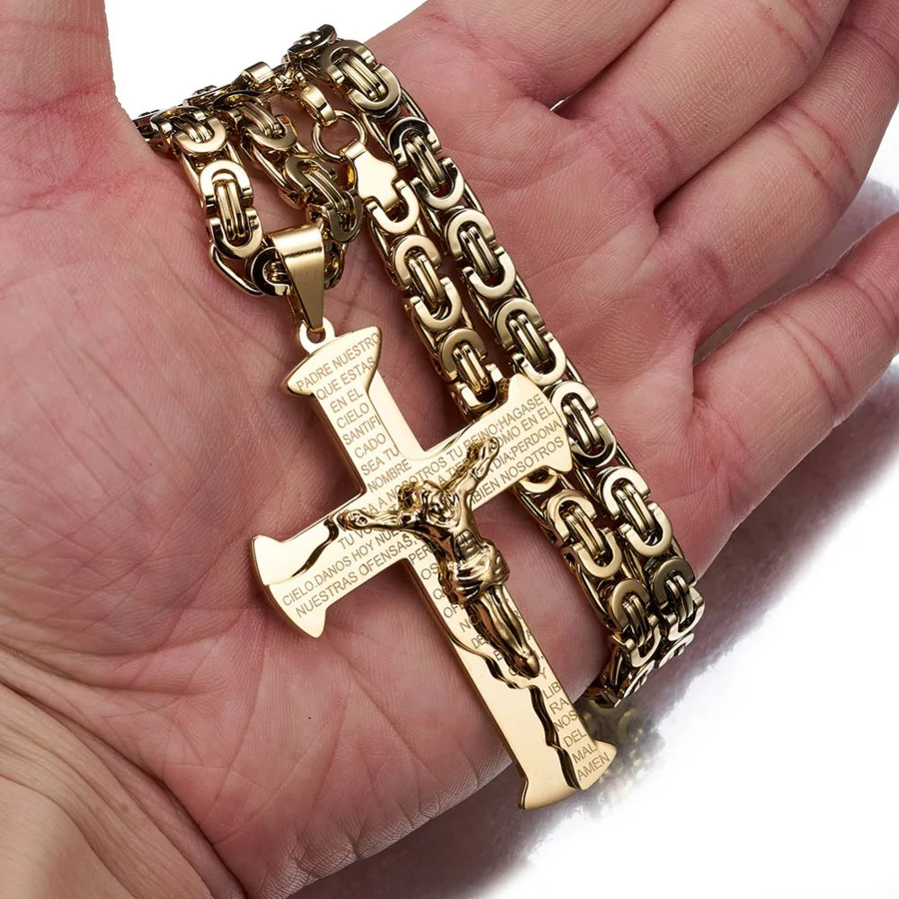 Jesus Crucifixion Cross Pendant Necklace For Men Women Gold Silver Black Color Stainless Steel Byzanine Chain