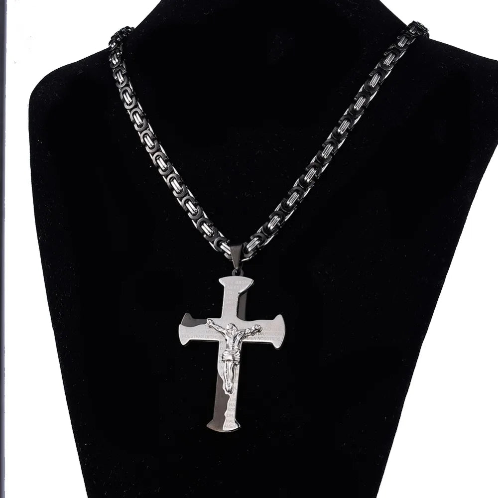 Jesus Crucifixion Cross Pendant Necklace For Men Women Gold Silver Black Color Stainless Steel Byzanine Chain