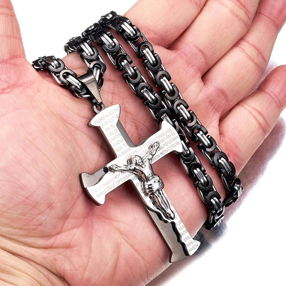 Jesus Crucifixion Cross Pendant Necklace For Men Women Gold Silver Black Color Stainless Steel Byzanine Chain