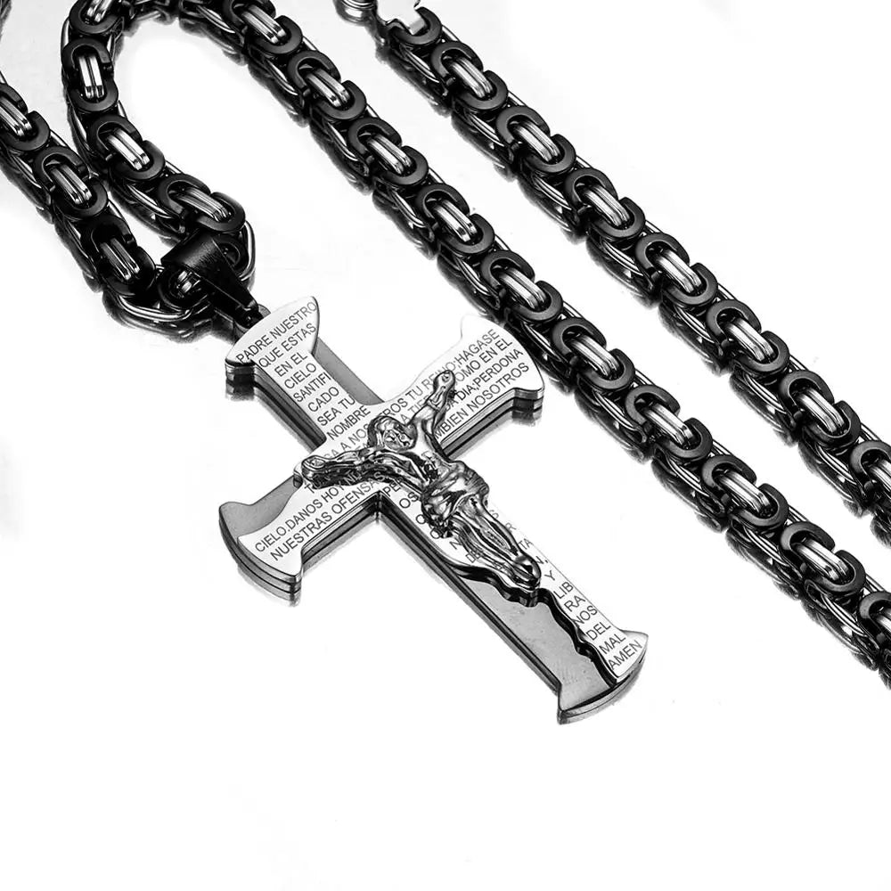 Jesus Crucifixion Cross Pendant Necklace For Men Women Gold Silver Black Color Stainless Steel Byzanine Chain