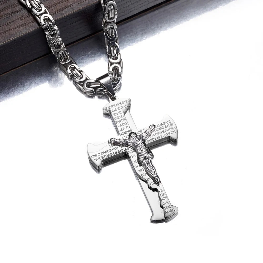 Jesus Crucifixion Cross Pendant Necklace For Men Women Gold Silver Black Color Stainless Steel Byzanine Chain