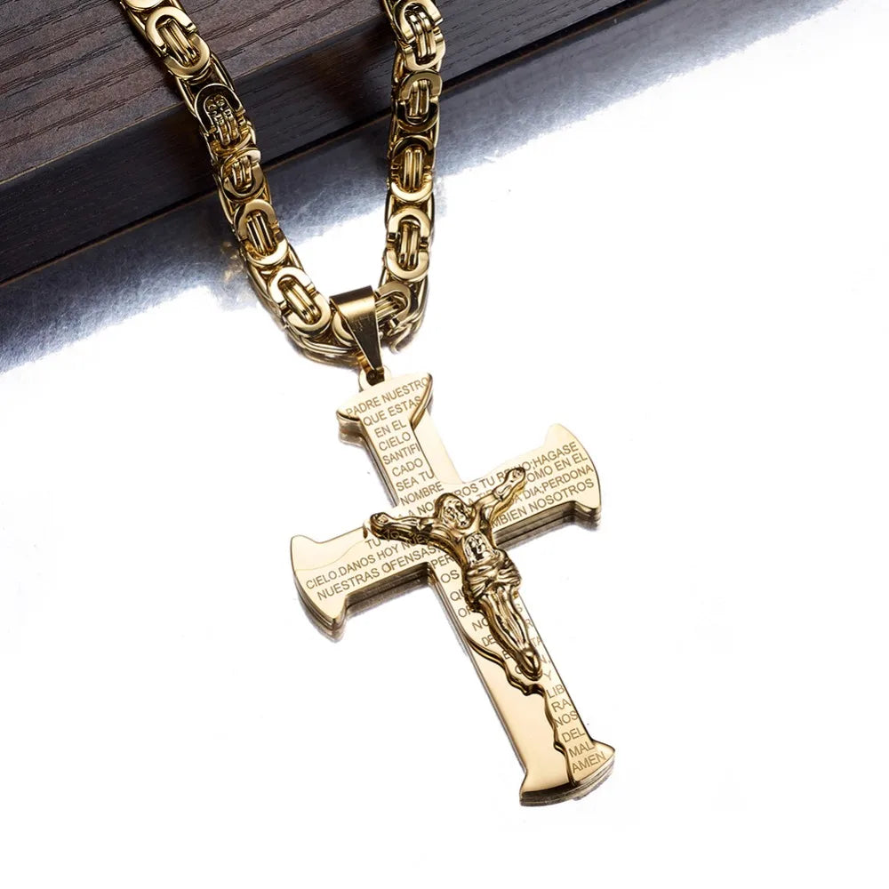 Jesus Crucifixion Cross Pendant Necklace For Men Women Gold Silver Black Color Stainless Steel Byzanine Chain