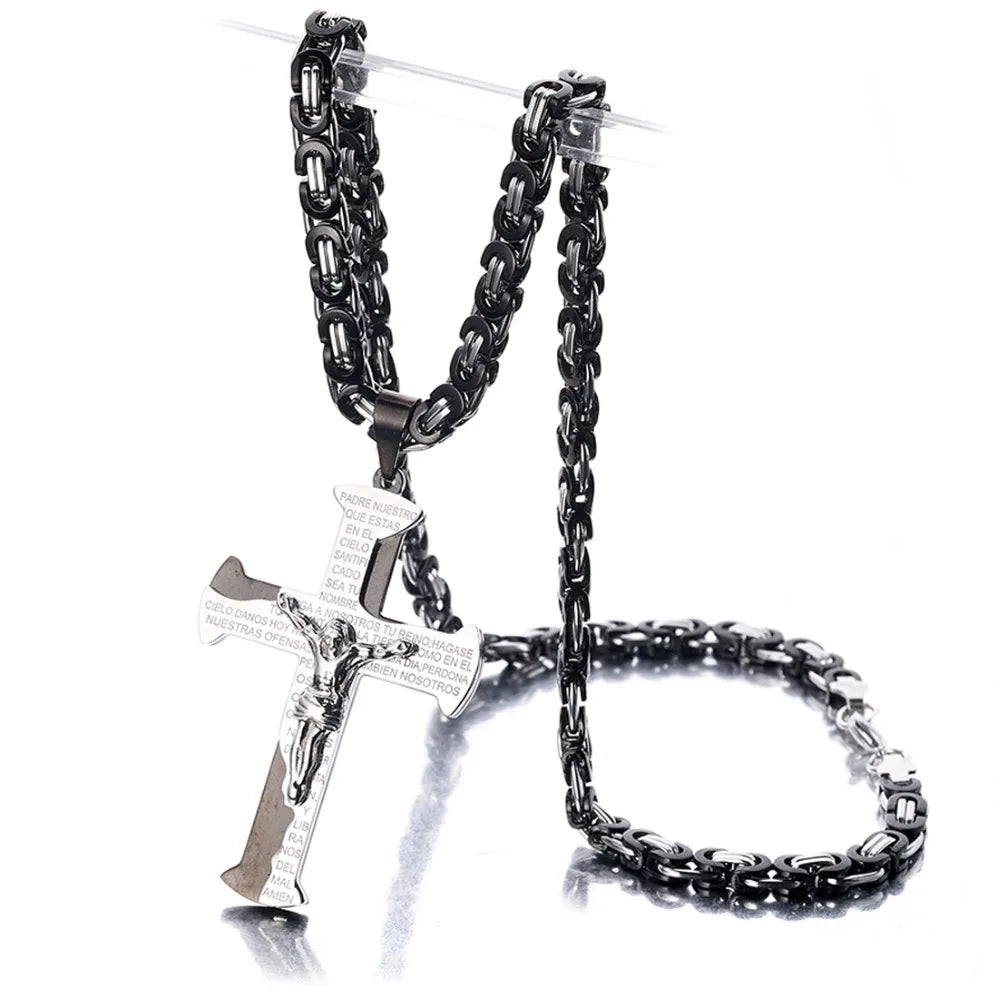 Jesus Crucifixion Cross Pendant Necklace For Men Women Gold Silver Black Color Stainless Steel Byzanine Chain