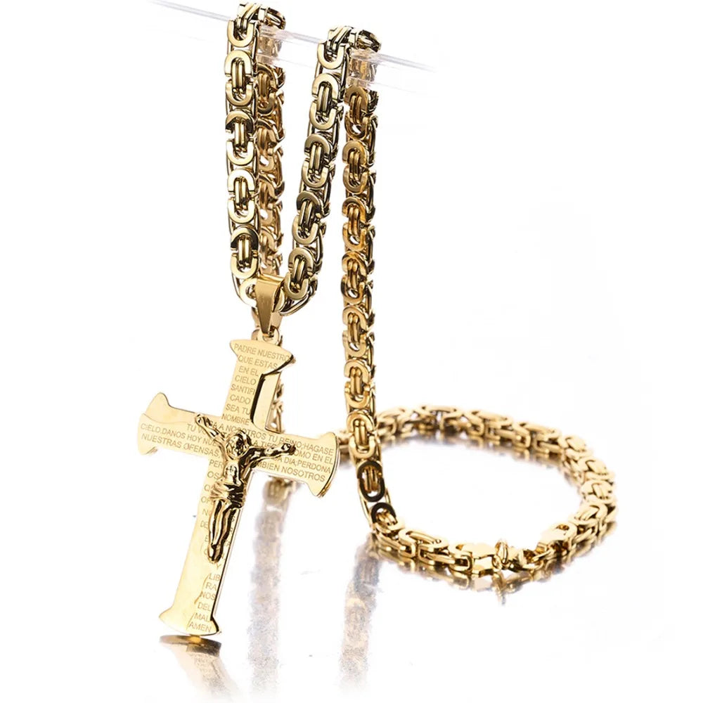 Jesus Crucifixion Cross Pendant Necklace For Men Women Gold Silver Black Color Stainless Steel Byzanine Chain