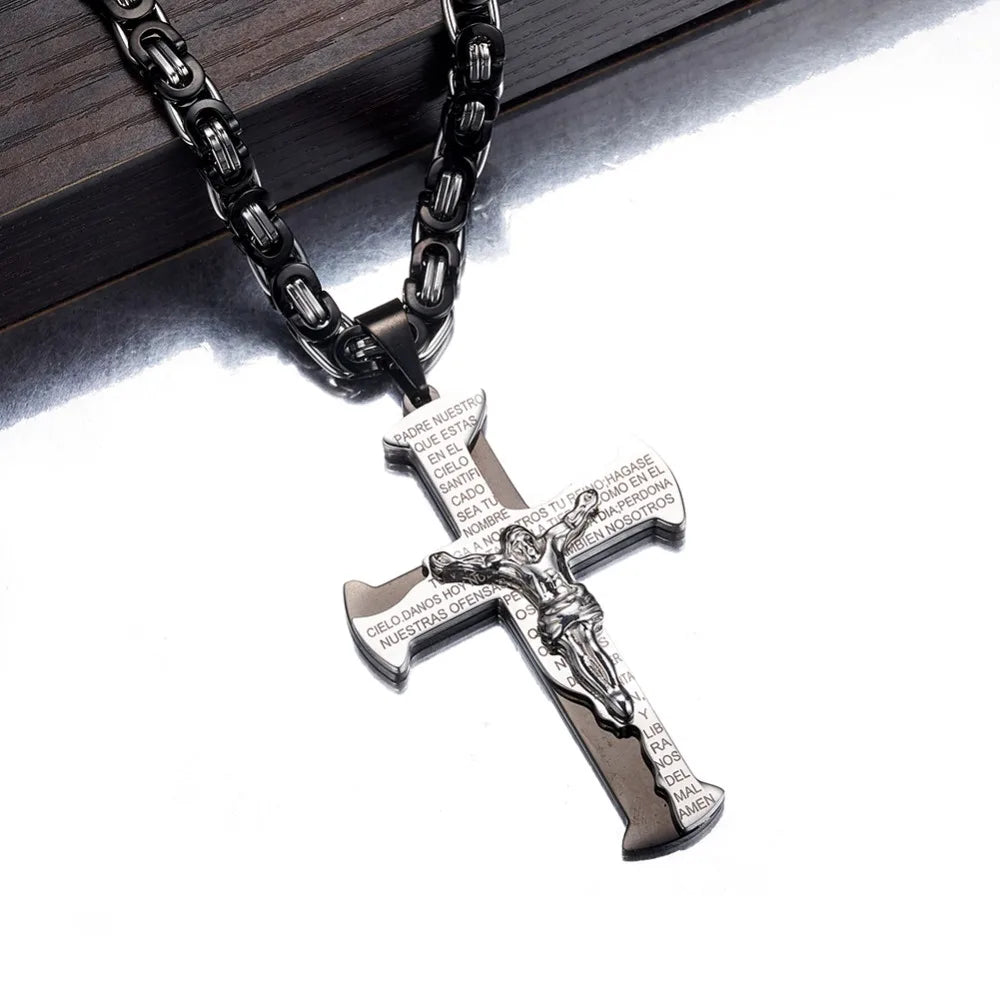 Jesus Crucifixion Cross Pendant Necklace For Men Women Gold Silver Black Color Stainless Steel Byzanine Chain