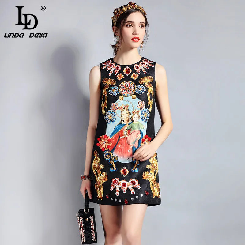 LD LINDA DELLA Fashion Designer Summer Dress Women's Sleeveless Luxury Crystal Beading Jacquard Print Straogjt Vintage Dress