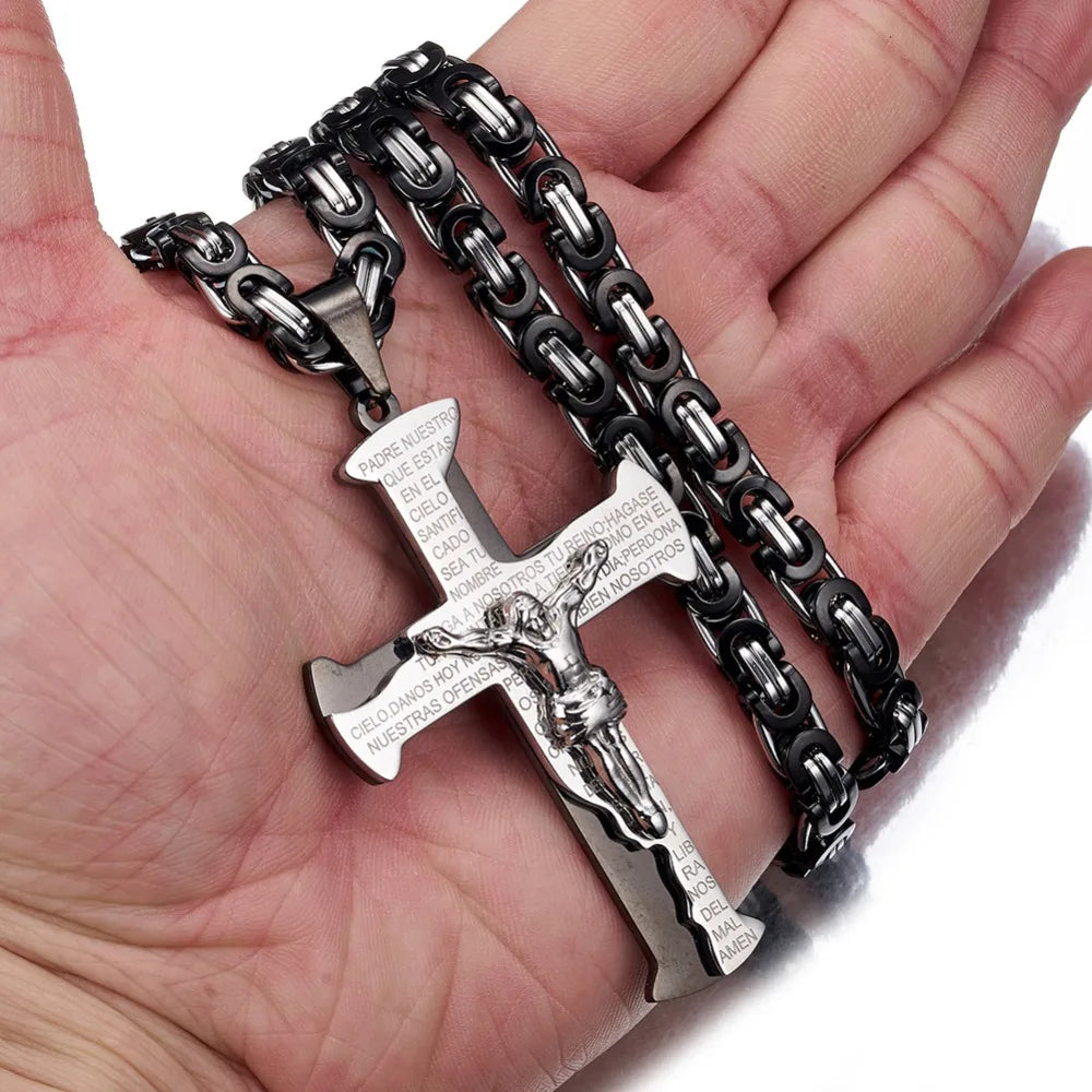 Jesus Crucifixion Cross Pendant Necklace For Men Women Gold Silver Black Color Stainless Steel Byzanine Chain