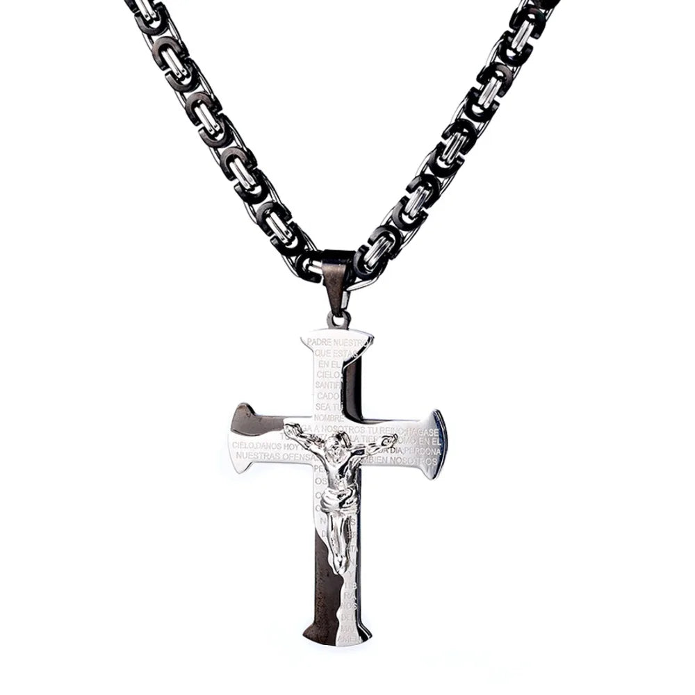 Jesus Crucifixion Cross Pendant Necklace For Men Women Gold Silver Black Color Stainless Steel Byzanine Chain