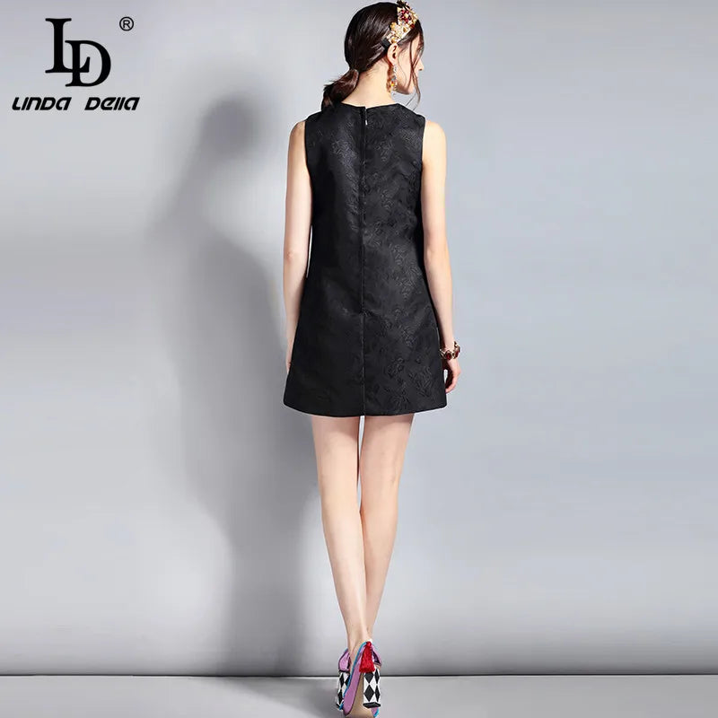 LD LINDA DELLA Fashion Designer Summer Dress Women's Sleeveless Luxury Crystal Beading Jacquard Print Straogjt Vintage Dress