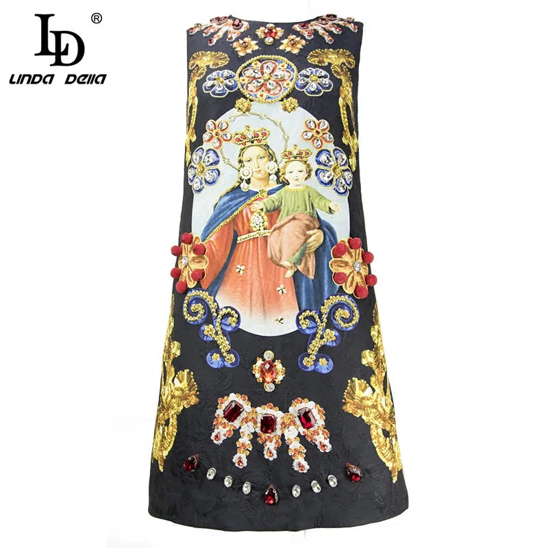 LD LINDA DELLA Fashion Designer Summer Dress Women's Sleeveless Luxury Crystal Beading Jacquard Print Straogjt Vintage Dress