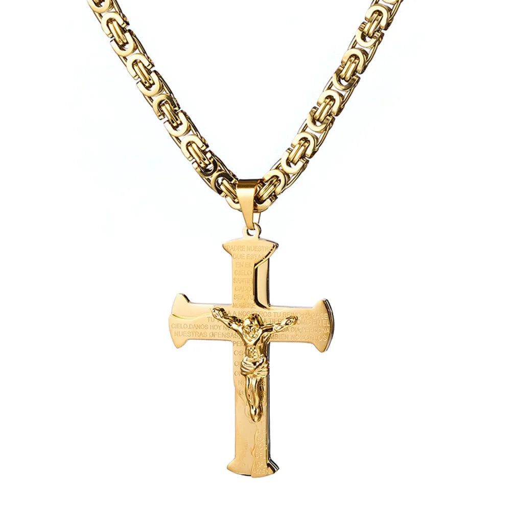 Jesus Crucifixion Cross Pendant Necklace For Men Women Gold Silver Black Color Stainless Steel Byzanine Chain