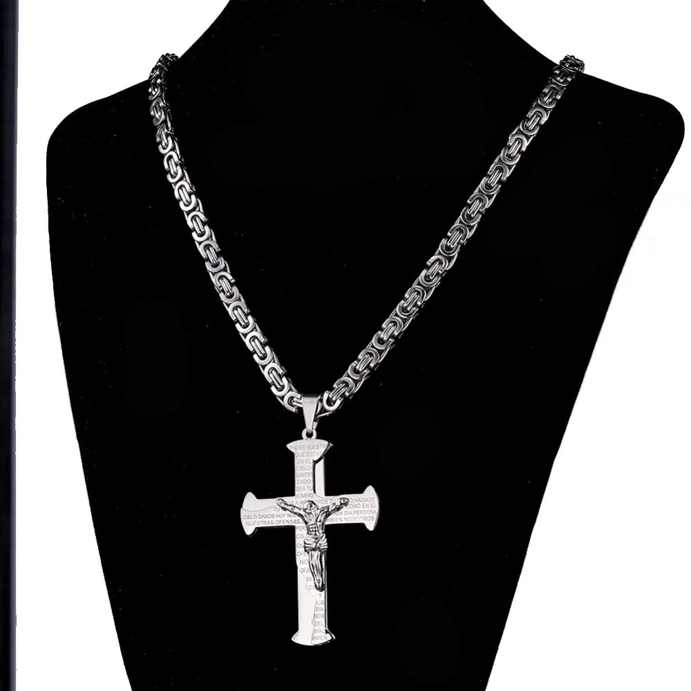 Jesus Crucifixion Cross Pendant Necklace For Men Women Gold Silver Black Color Stainless Steel Byzanine Chain