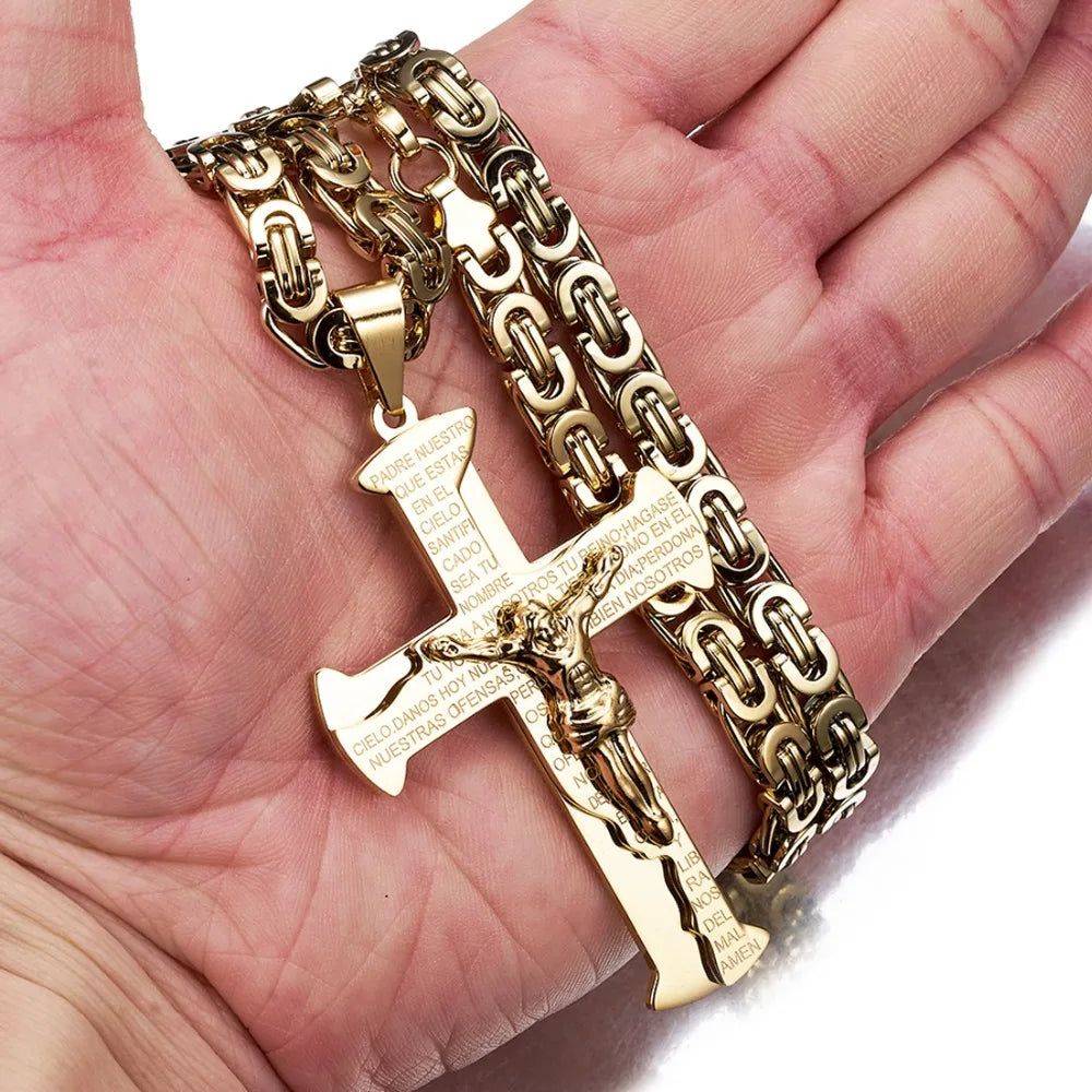 Jesus Crucifixion Cross Pendant Necklace For Men Women Gold Silver Black Color Stainless Steel Byzanine Chain