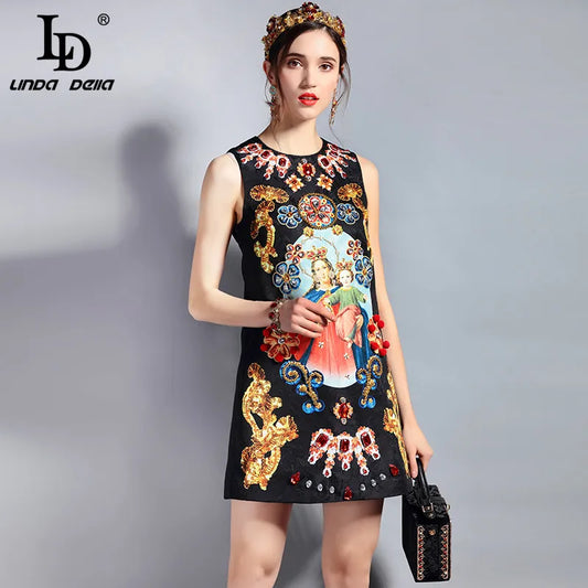 LD LINDA DELLA Fashion Designer Summer Dress Women's Sleeveless Luxury Crystal Beading Jacquard Print Straogjt Vintage Dress