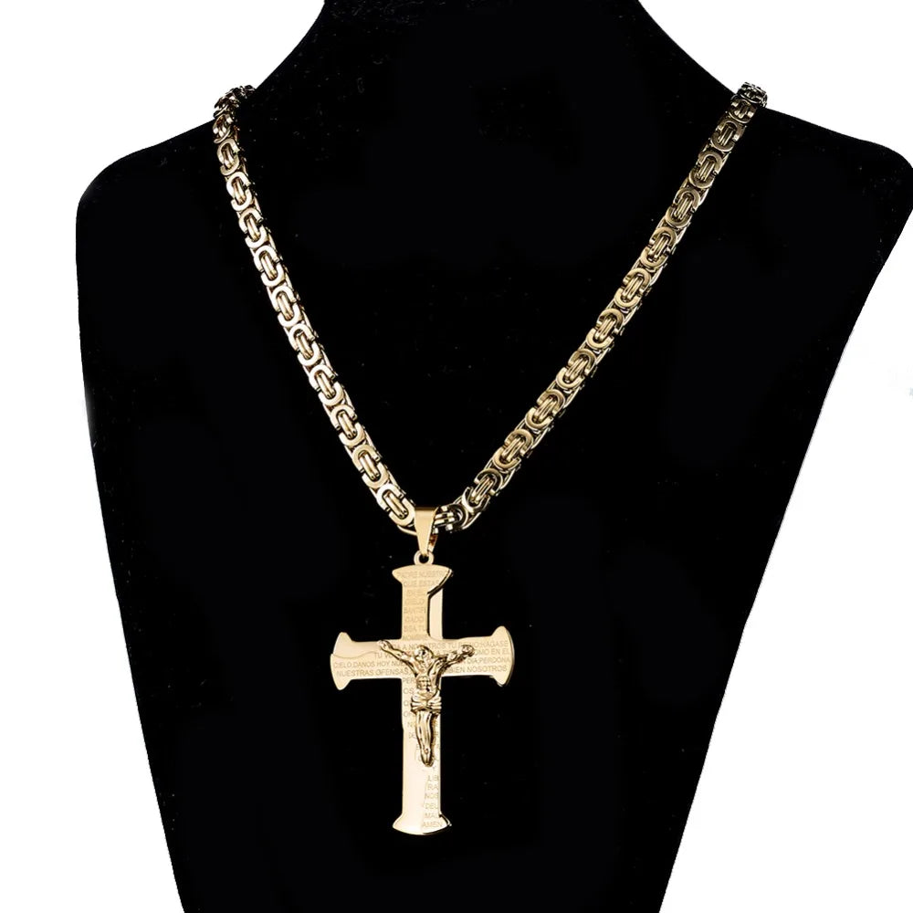 Jesus Crucifixion Cross Pendant Necklace For Men Women Gold Silver Black Color Stainless Steel Byzanine Chain