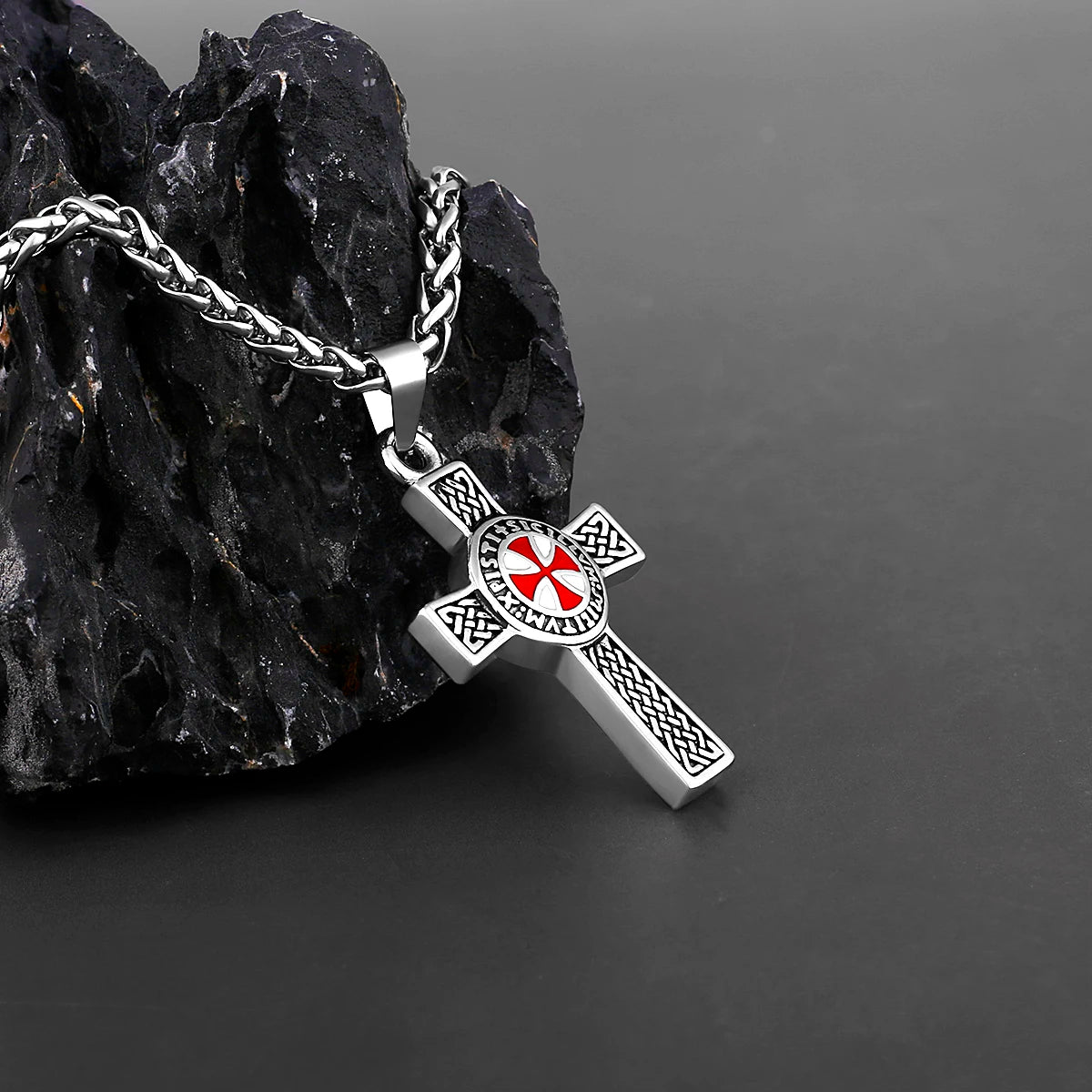 316L Stainless Steel Cross Shield Drop Red and White Rubber Men's Pendant Necklace Retro Cross Fashion Jewelry Wholesale