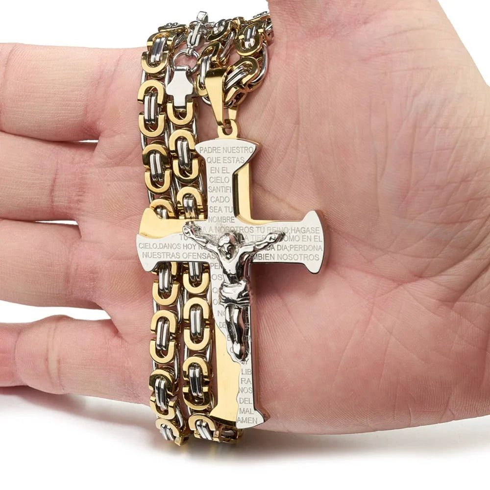 Jesus Crucifixion Cross Pendant Necklace For Men Women Gold Silver Black Color Stainless Steel Byzanine Chain