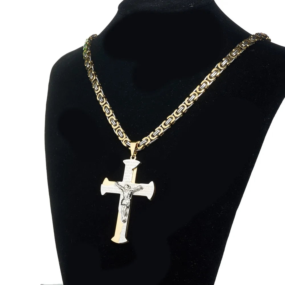 Jesus Crucifixion Cross Pendant Necklace For Men Women Gold Silver Black Color Stainless Steel Byzanine Chain