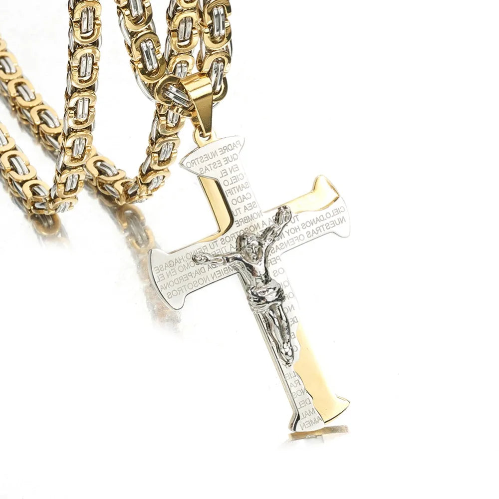 Jesus Crucifixion Cross Pendant Necklace For Men Women Gold Silver Black Color Stainless Steel Byzanine Chain