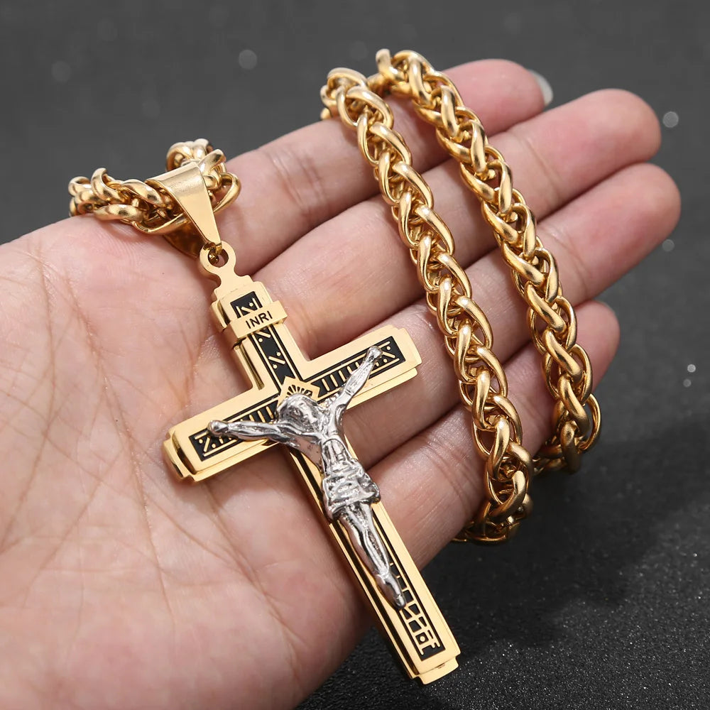 High Quality Stainless Steel Multilayer Cross Christ Jesus Pendant Necklace Chains For Men Jewelry Gift