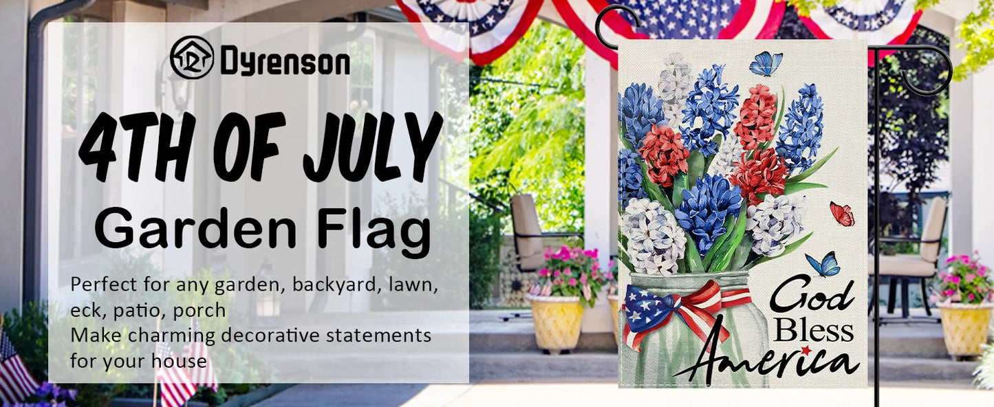 Dyrenson God Bless America 4th of July Patriotic Decorative Garden Flag, American Hyacinth Floral Flower Mason Jar Yard Outside