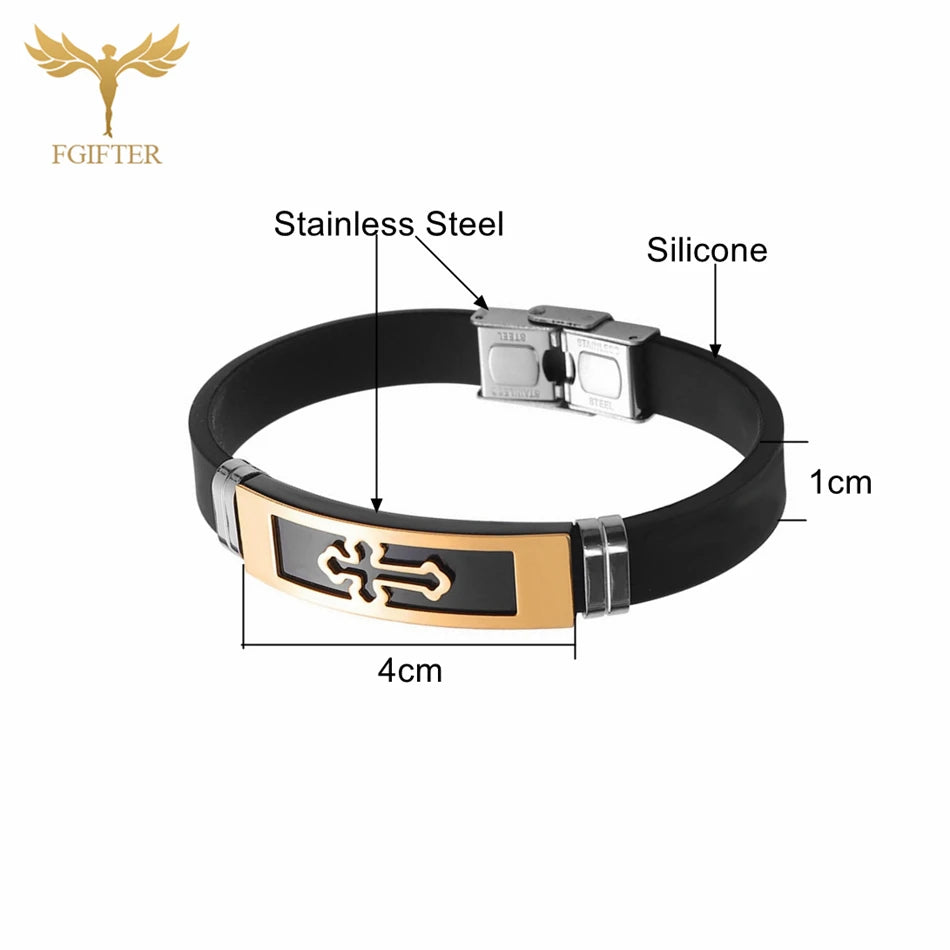 Stainless Steel Cross Bracelets Bangles Black Soft Silicone Wristband Buckle Bracelet Women Men Christianity Jewelry Pulseras