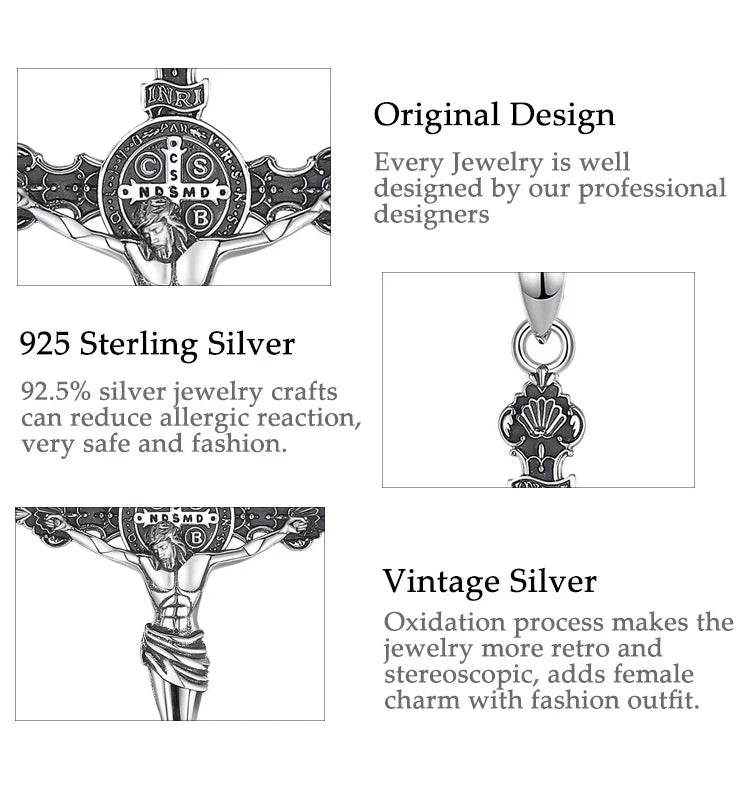 Eudora 925 Sterling Silver Jesus Necklace St. Benedict's Cross Vintage Amulet Pendant Religious Jewelry Gift for Men Women