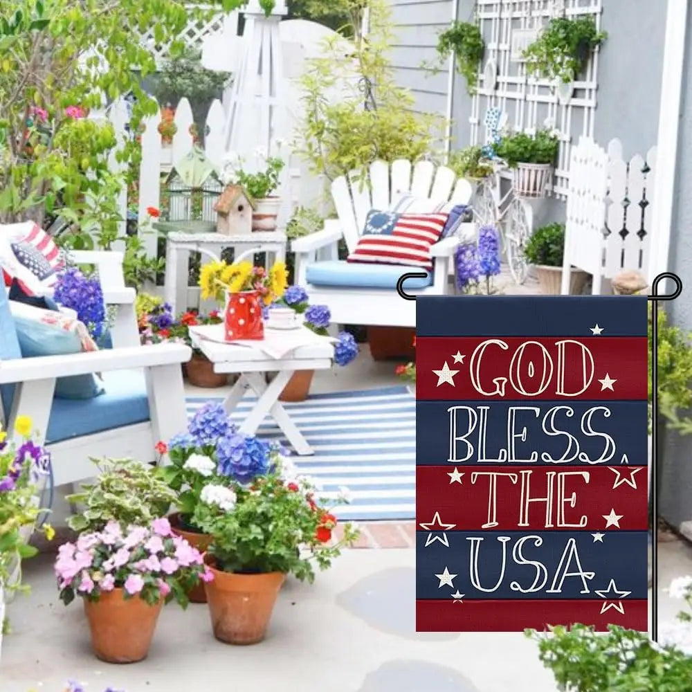 4th of July Patriotic Garden Flags for Outside 12x18 Double Sided, American Stars and Stripes Memorial Day God Bless The USA Sig