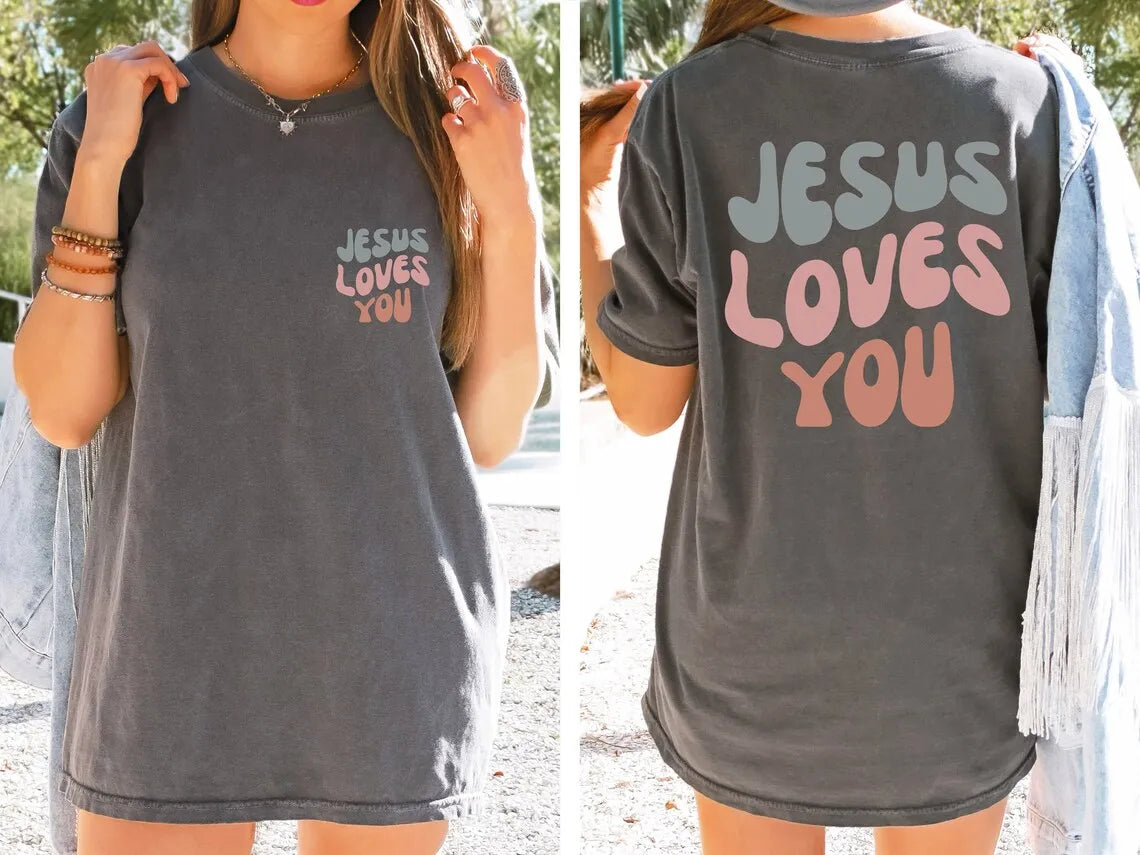 Jesus Loves Me Letter Prints T-Shirts For Women Fashion O-Neck Cotton Tees Tops Casual Loose Soft Short Sleeve Female Clothing