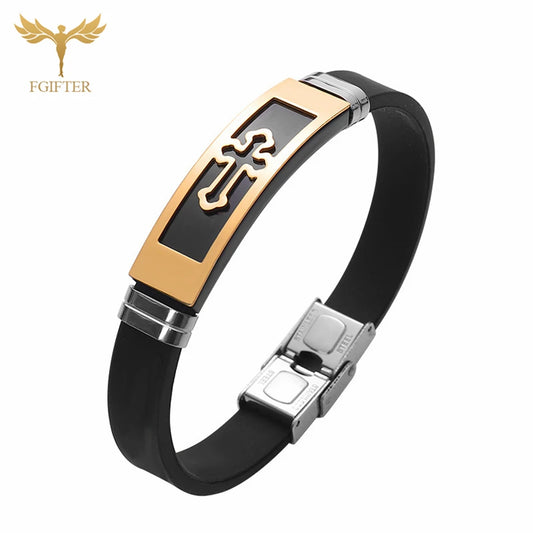 Stainless Steel Cross Bracelets Bangles Black Soft Silicone Wristband Buckle Bracelet Women Men Christianity Jewelry Pulseras