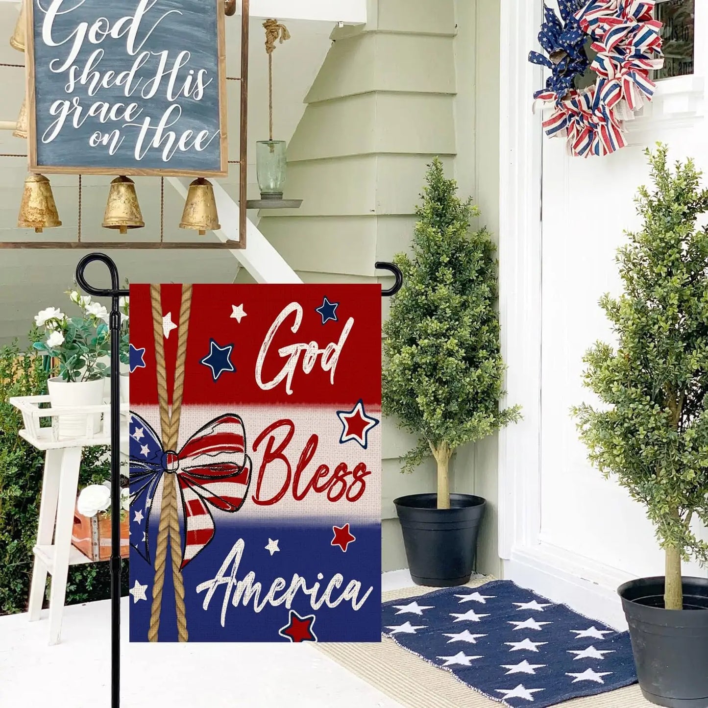 Patriotic God Bless America 4th of July Garden Flag 12 x 18 Inch Vertical Double Sided Blue Red Star Stripes Bowknot Independenc