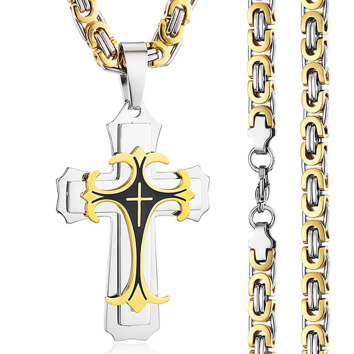 Christian Trinity Latin Cross Necklace for Men Stainless Steel Three Layers Cross Pendants Necklaces Jewelry Gift