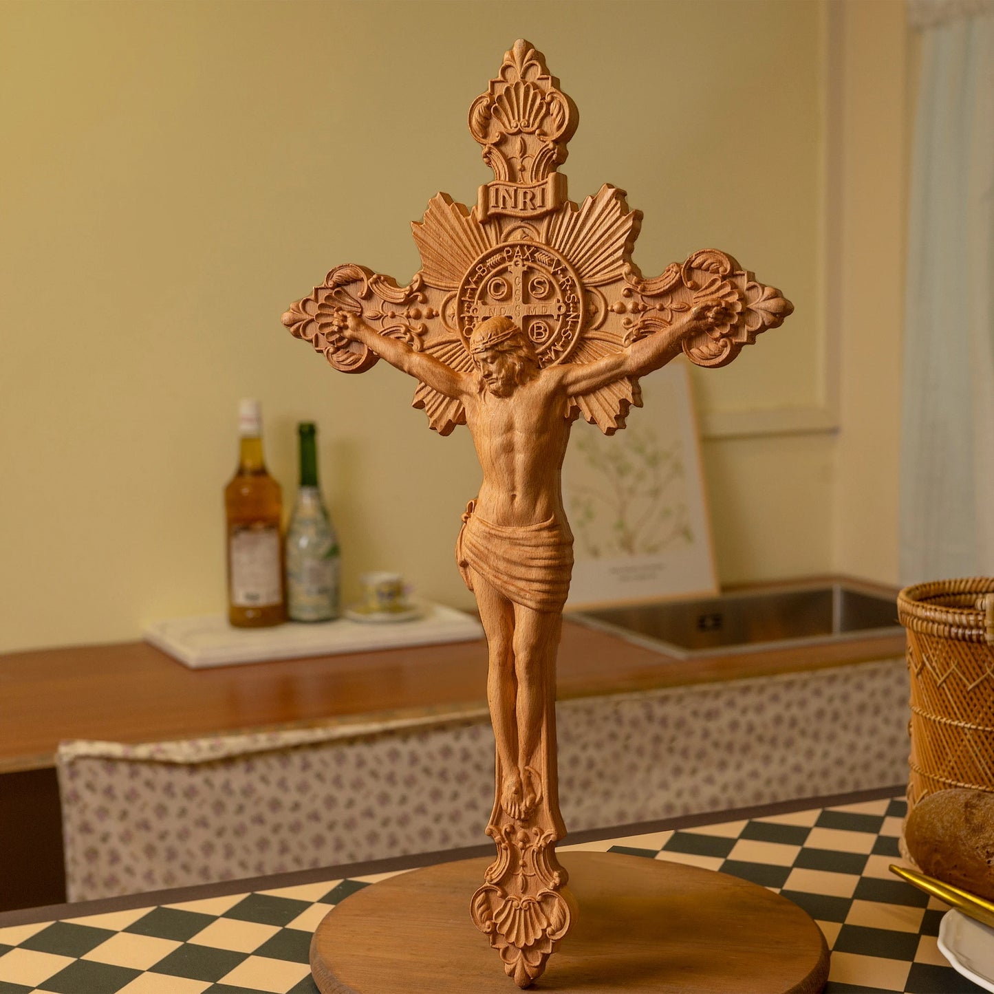 St. Benedict's exorcism cross wood carving, Catholic altar prayer, wooden cross baptismal decoration craft, religious gift