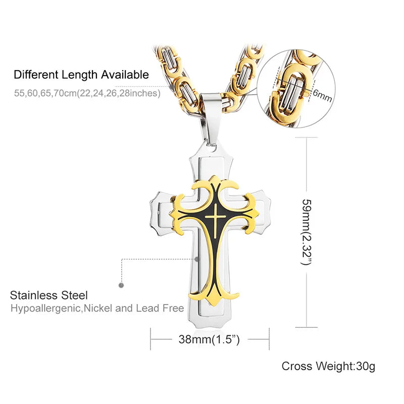 Christian Trinity Latin Cross Necklace for Men Stainless Steel Three Layers Cross Pendants Necklaces Jewelry Gift