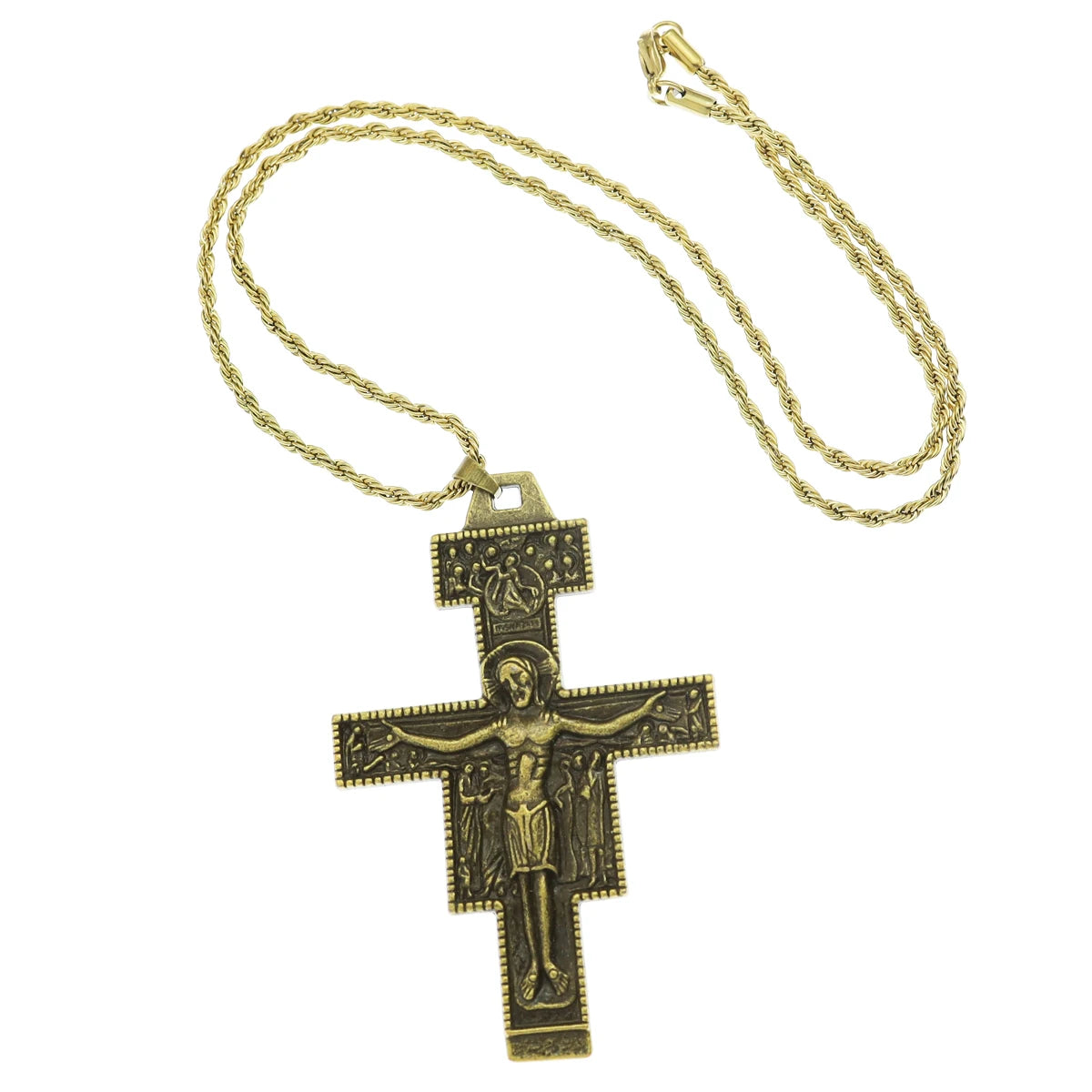 Retro Saint St Francis of Assisi Tau San Damiano Cross Necklace Catholic Crucifix Tribal Bridal Gift Punk Rock Celebrity