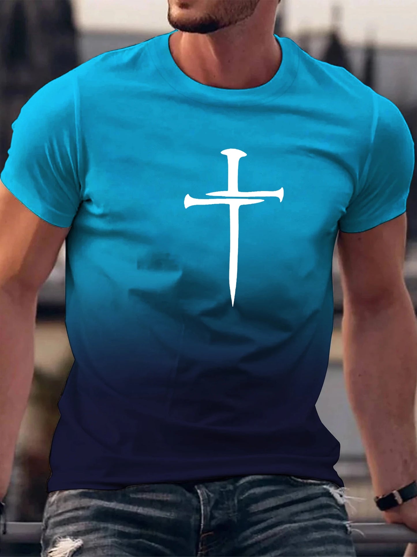 Christian Cross Pattern Print Men's Comfy O-Neck T-shirt Graphic Tee Summer Clothes Outfits  t shirts bibble