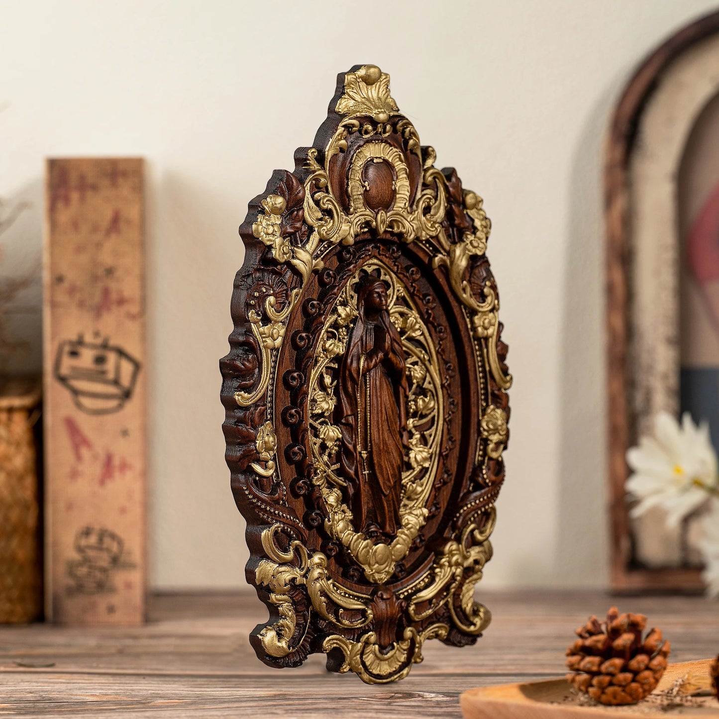 Virgin Mary wooden statue, wall decoration, Catholic prayer church, religious figure