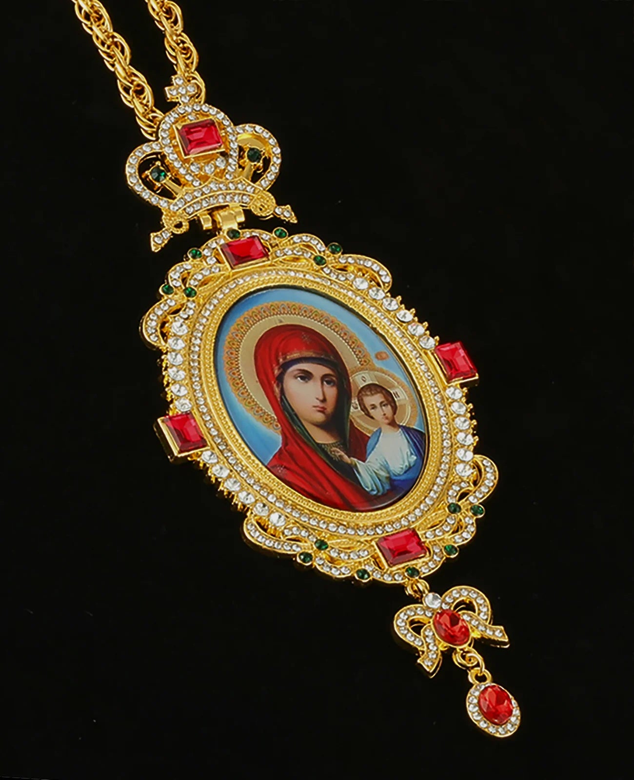 Cottvott Large Oval Orthodox Our Lady Jesus Pendant Surrounded Luxury Rhinestone Pectoral Necklace Long Chain Prayer Jewelry