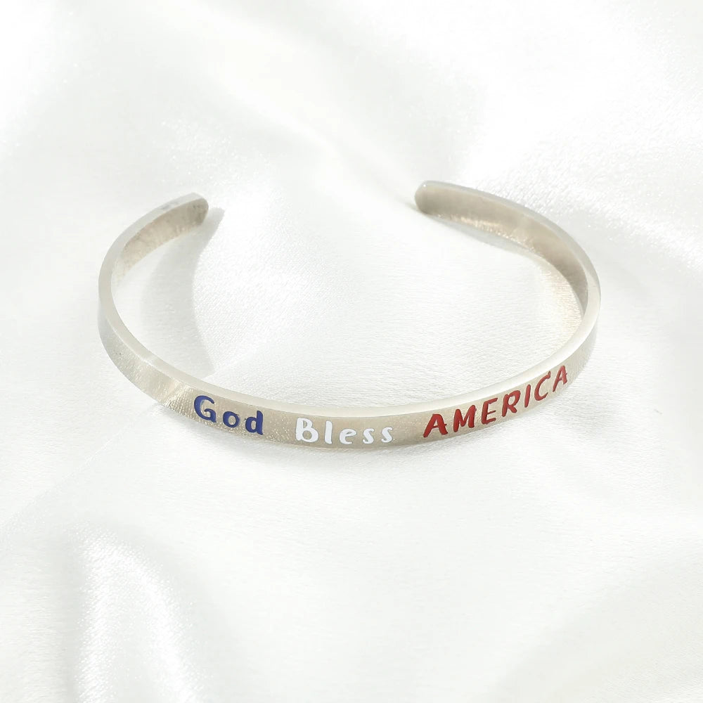 God Bless America Bangle Stainless Steel Carvings Letter Bracelets for Women Jewelry Accessories